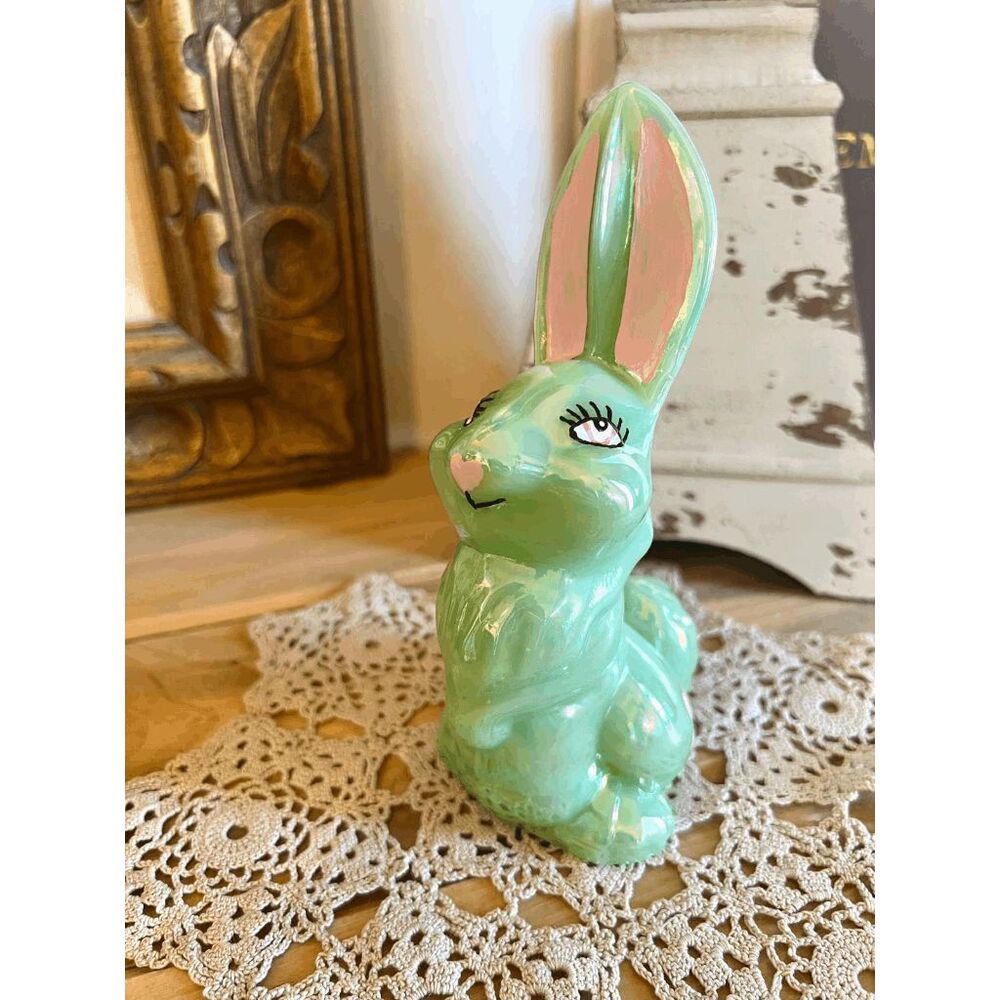 Mosser Glass Hand Painted Thumper Bunny Figurine | 6.5" Signed Jadeite Rabbit Vi